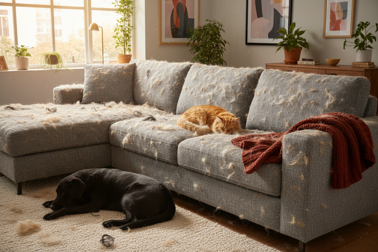 Sofa voller Hunde- und Katzenhaare vor der Reinigung mit FURNEVO